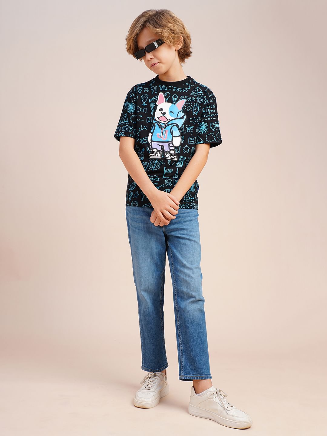 Boys Black Printed Cotton T-shirt