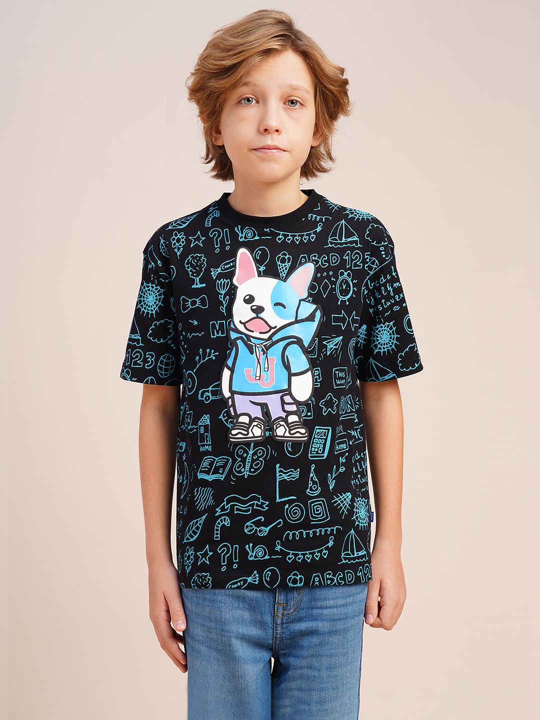 Boys Black Printed Cotton T-shirt