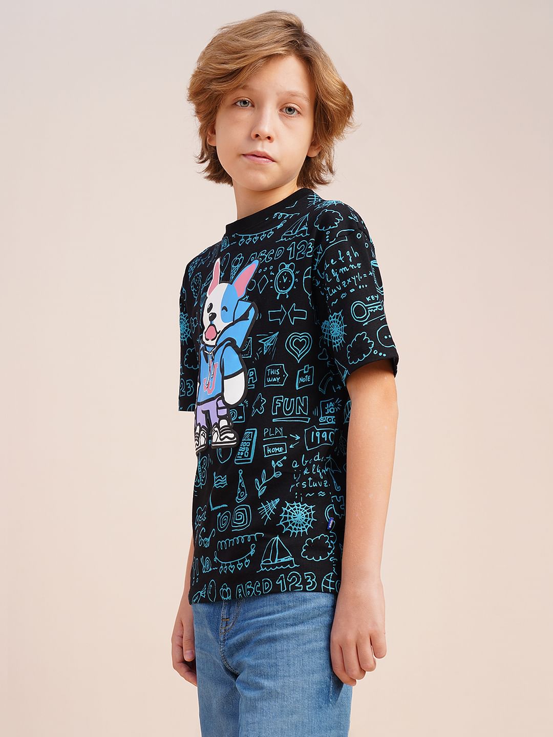 Boys Black Printed Cotton T-shirt