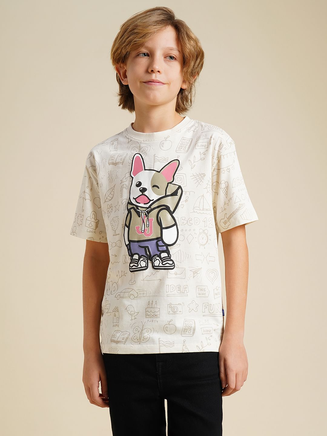Boys Beige Printed Cotton T-shirt