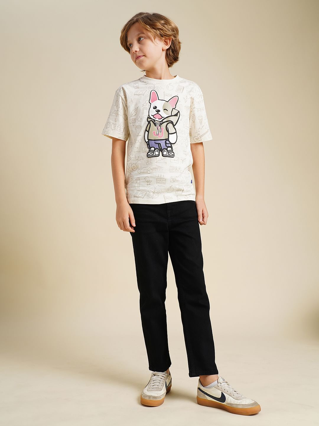 Boys Beige Printed Cotton T-shirt