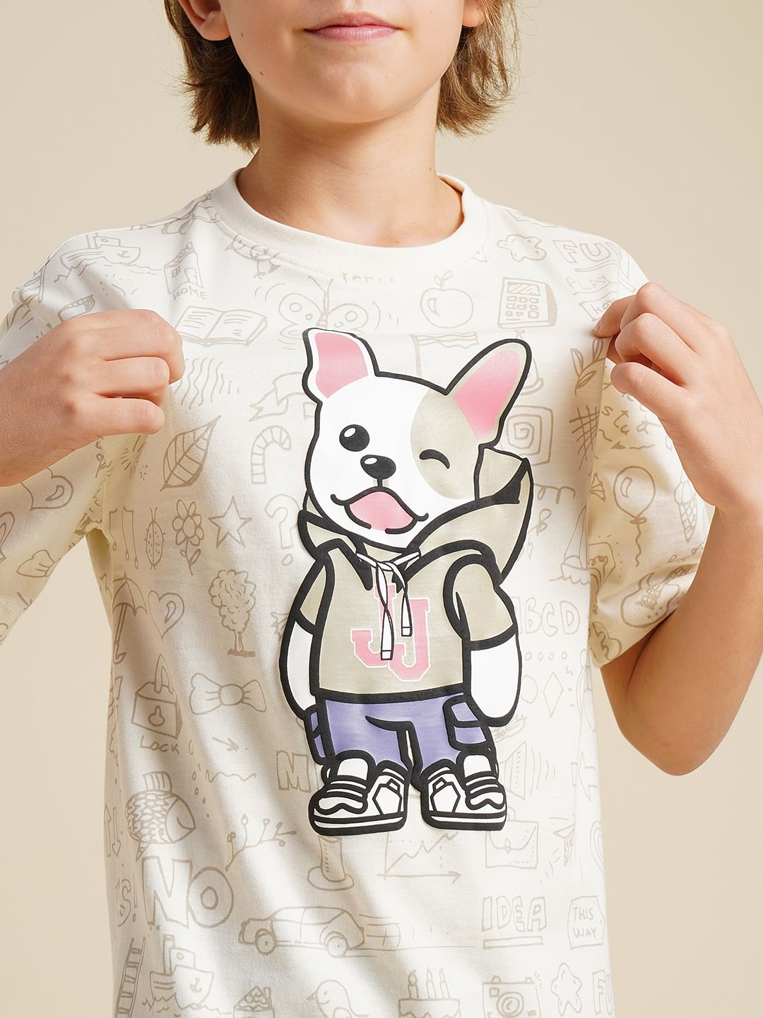 Boys Beige Printed Cotton T-shirt