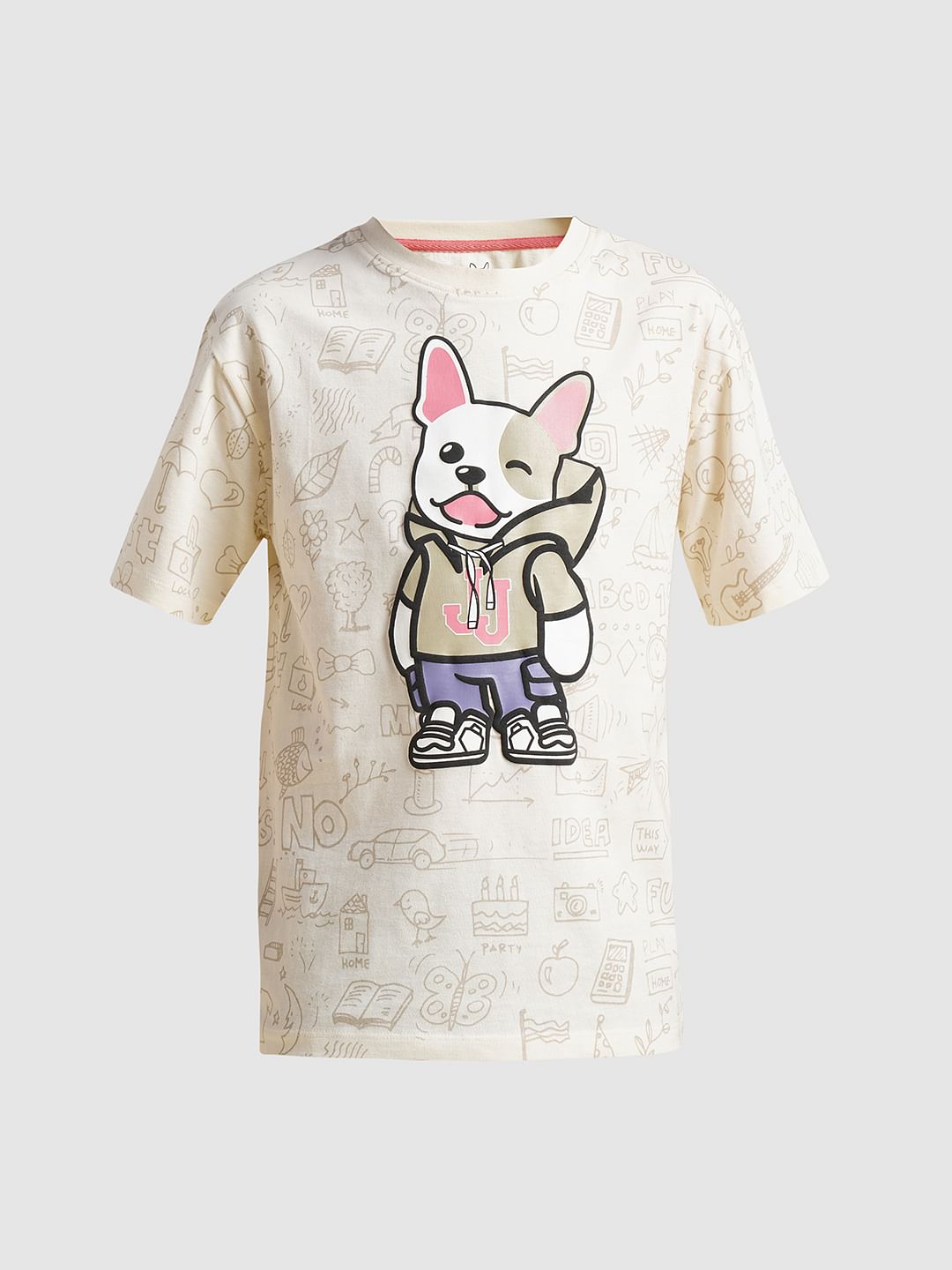 Boys Beige Printed Cotton T-shirt