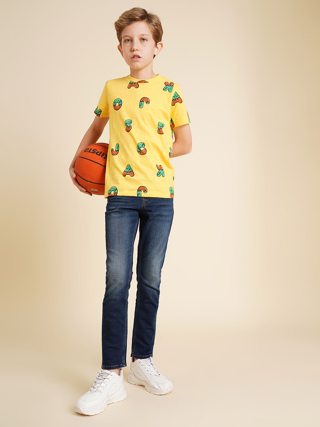 Boys Yellow Printed Cotton T-shirt