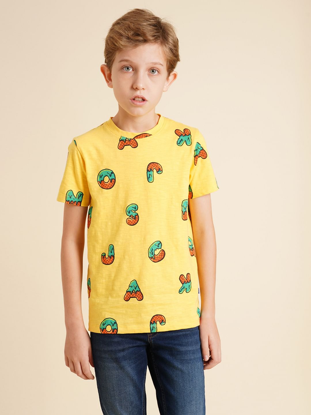 Boys Yellow Printed Cotton T-shirt