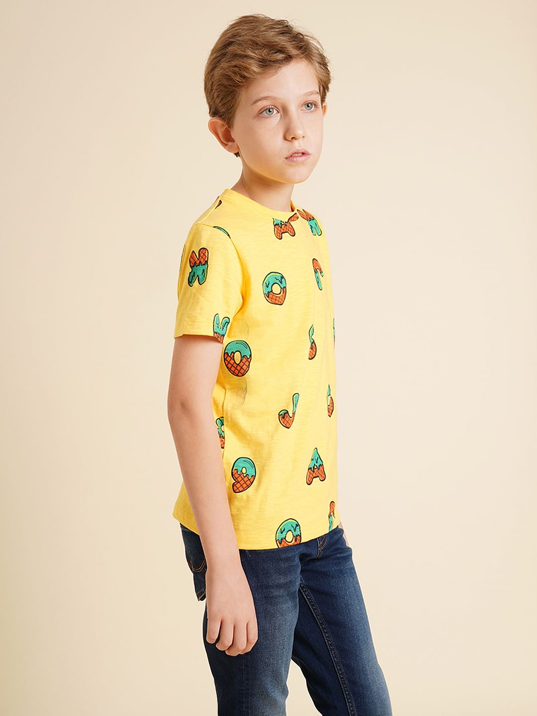 Boys Yellow Printed Cotton T-shirt