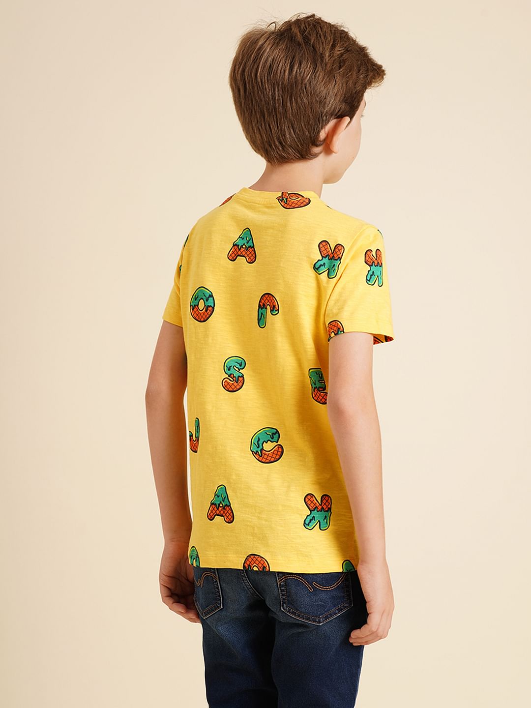 Boys Yellow Printed Cotton T-shirt