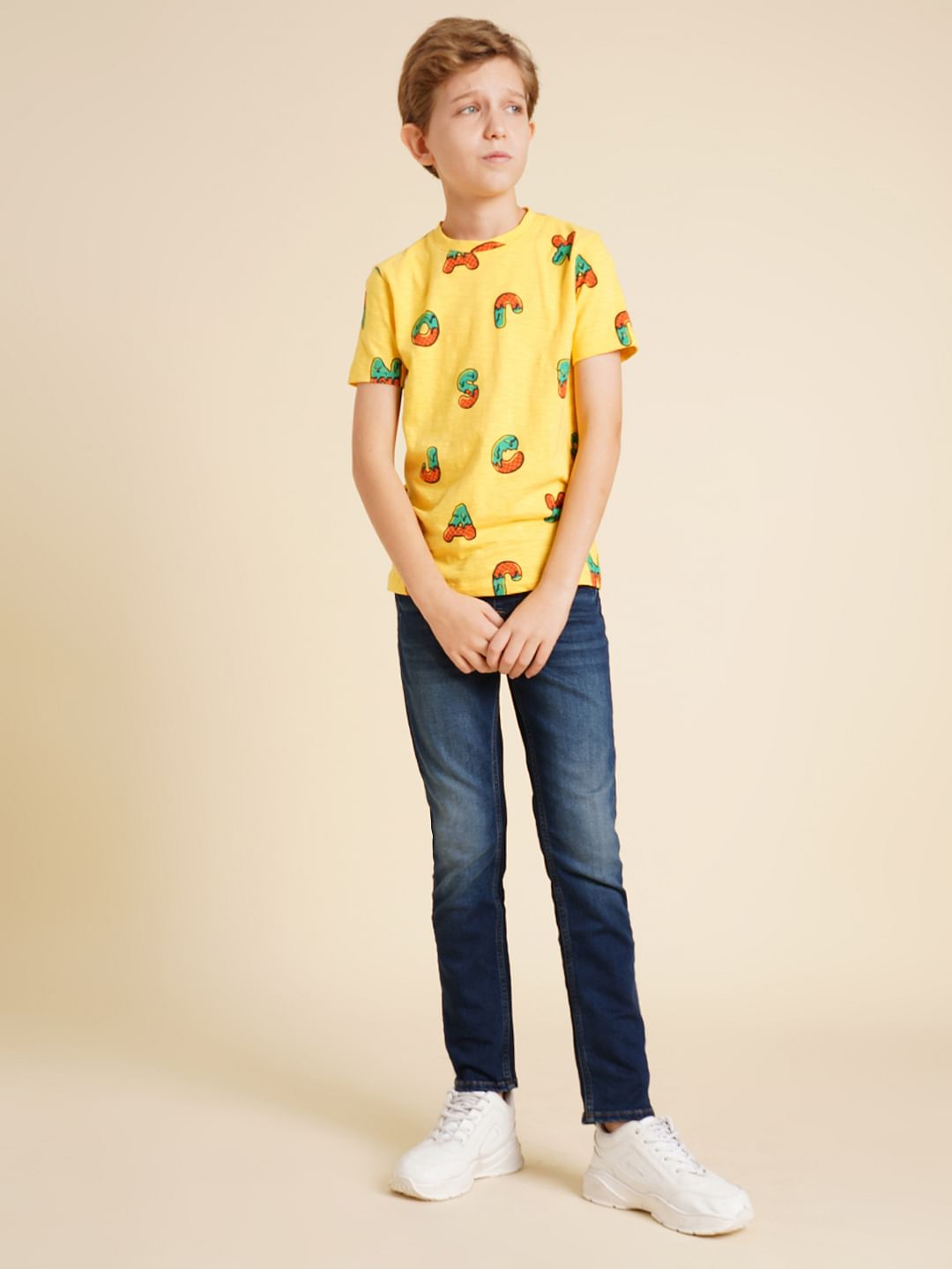 Boys Yellow Printed Cotton T-shirt