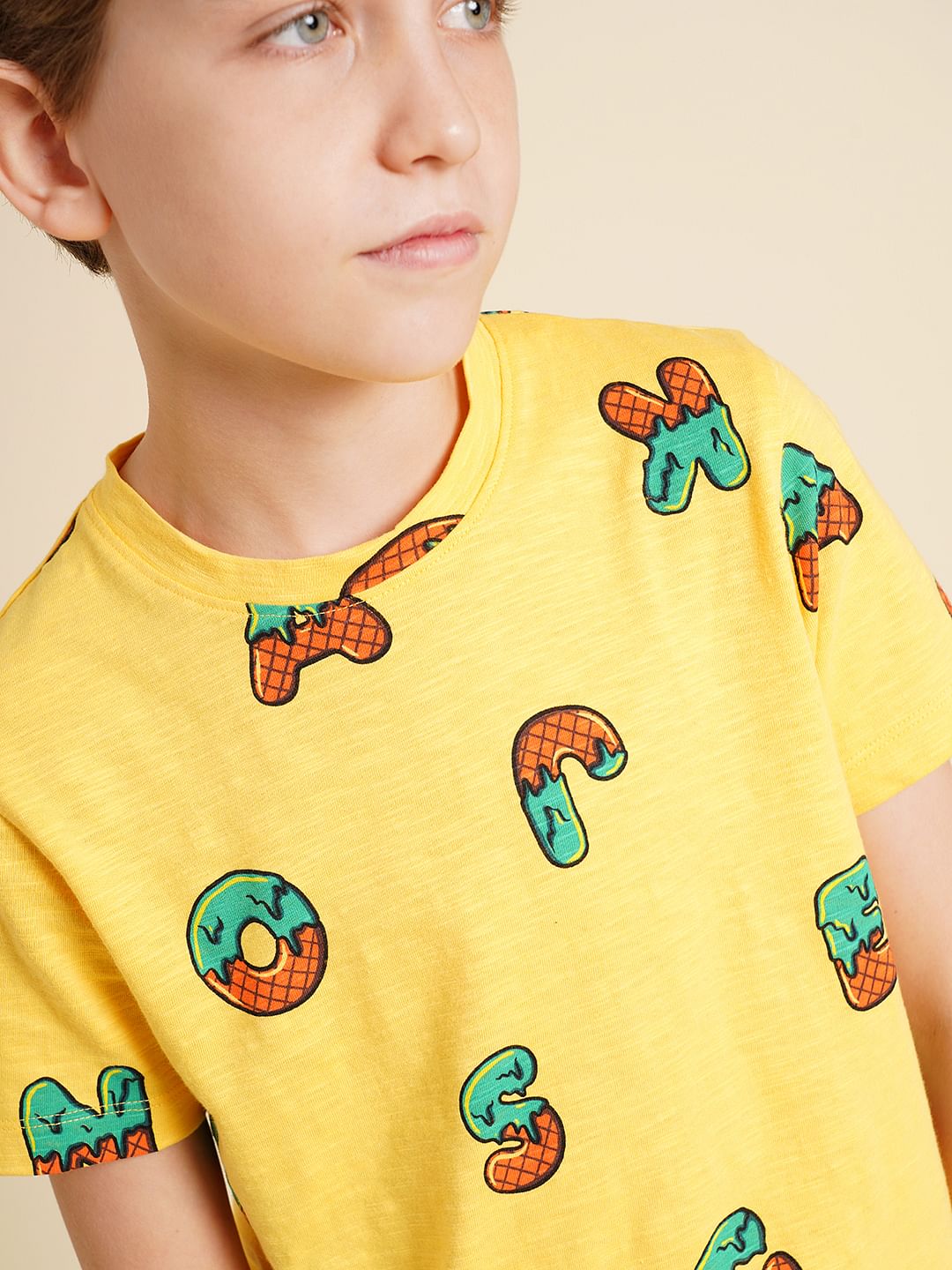 Boys Yellow Printed Cotton T-shirt