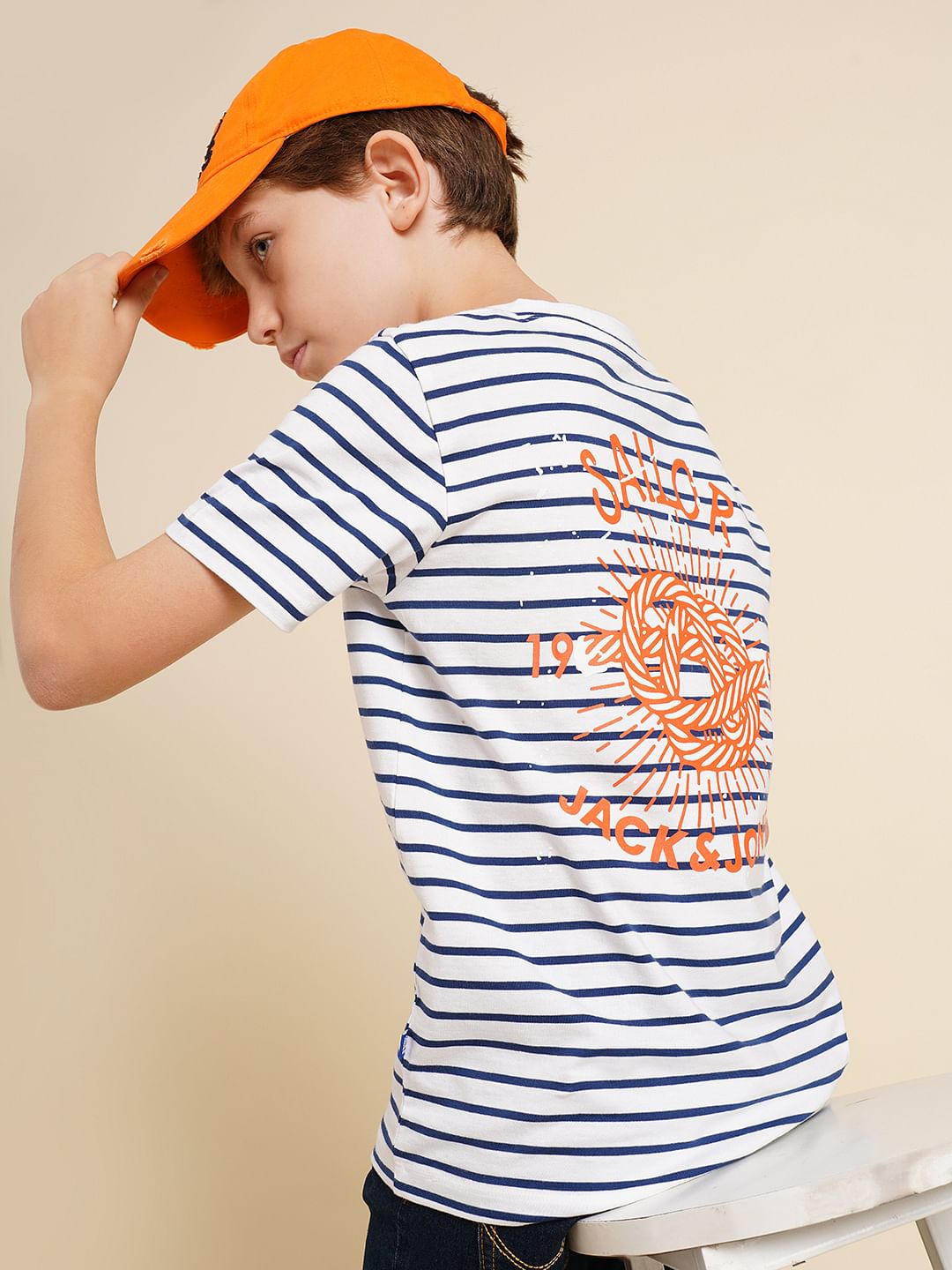 Boys White Striped Cotton T-shirt