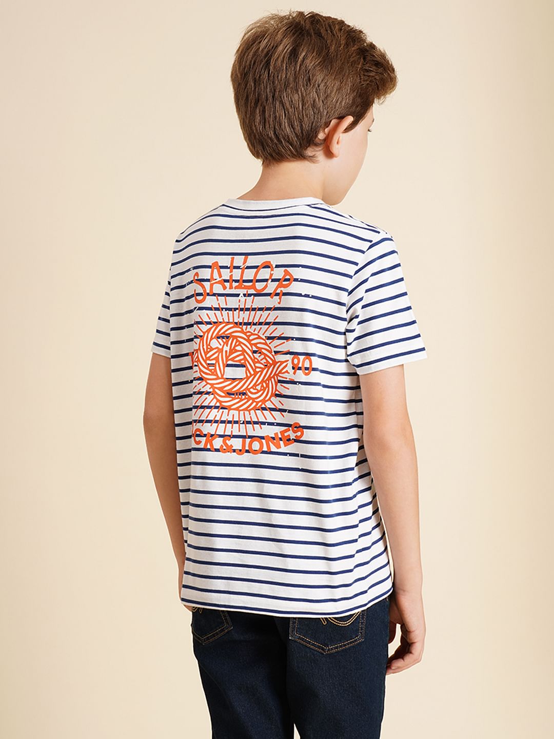 Boys White Striped Cotton T-shirt