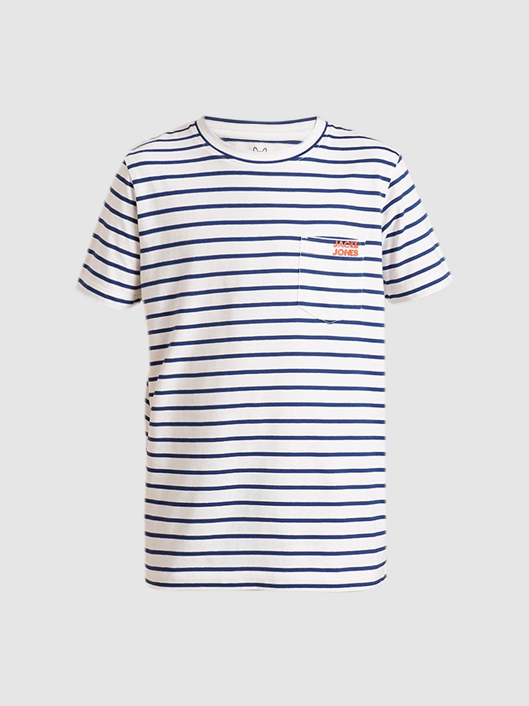 Boys White Striped Cotton T-shirt