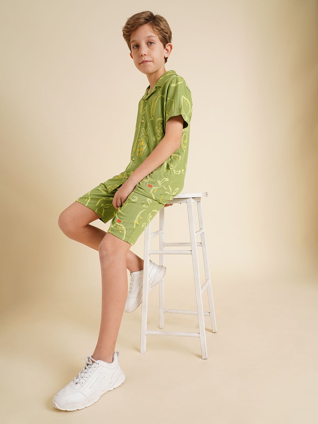 Boys Green Printed Dobby Knit Shorts