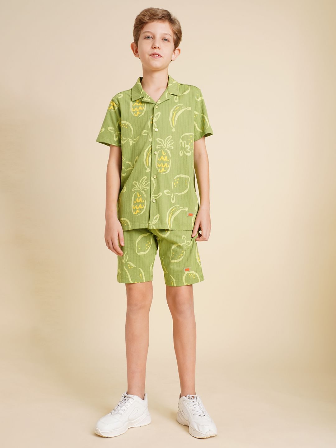 Boys Green Printed Dobby Knit Shorts