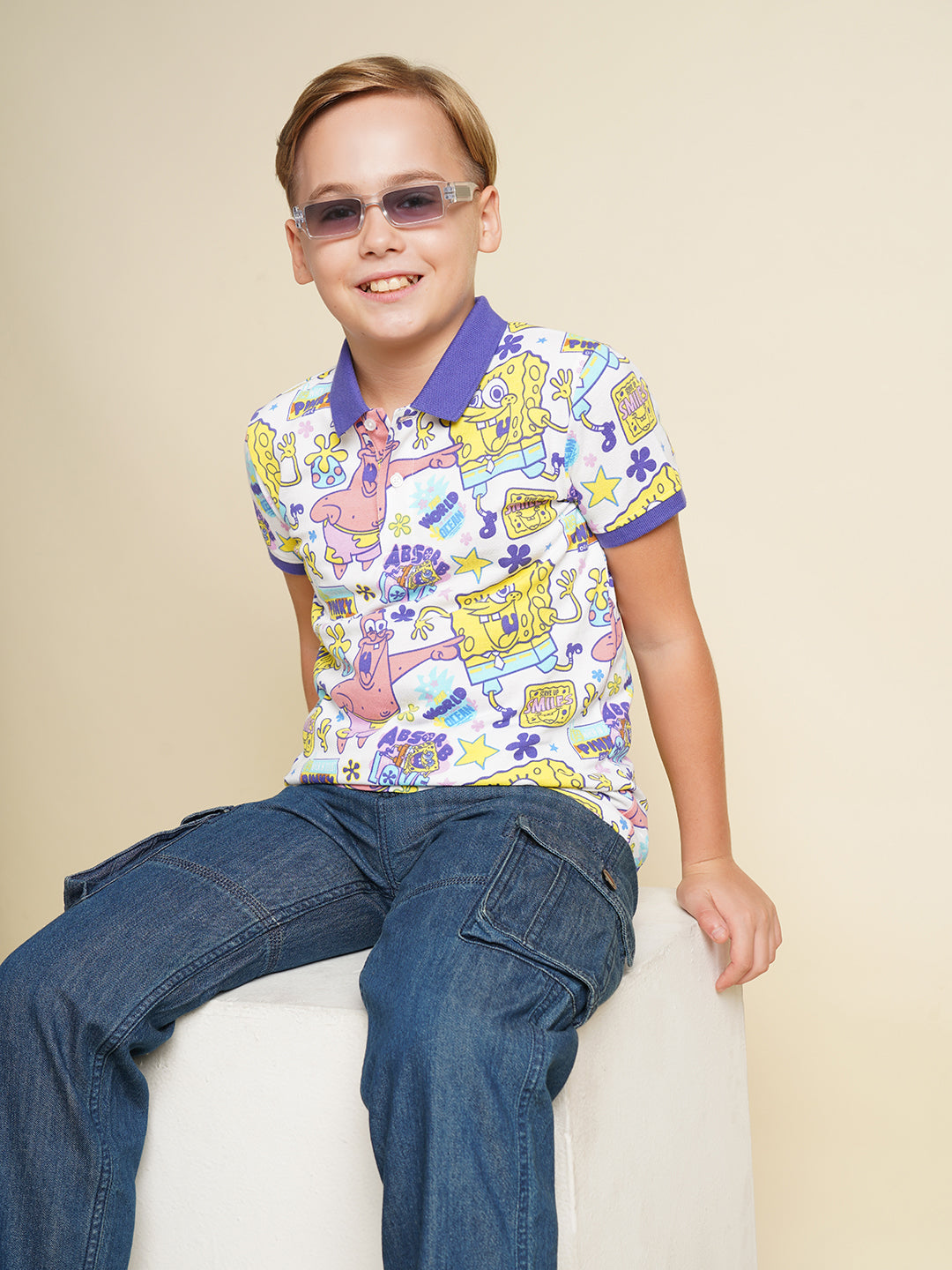 Boys Cotton Polo T-Shirt With All-Over Character Print - White