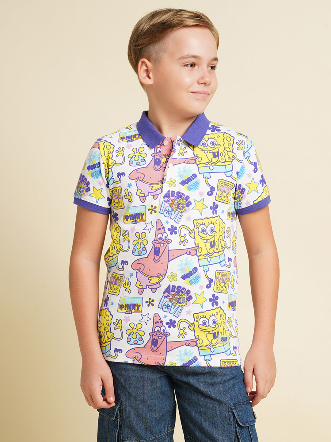 Boys Cotton Polo T-Shirt With All-Over Character Print - White