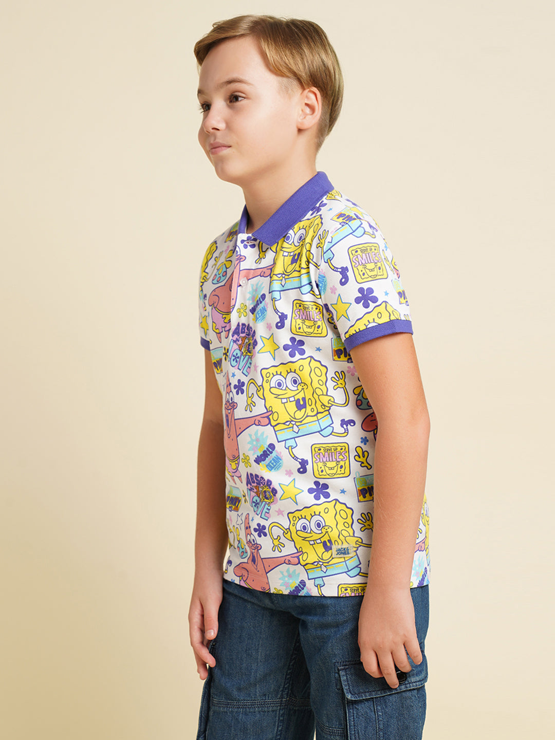 Boys Cotton Polo T-Shirt With All-Over Character Print - White