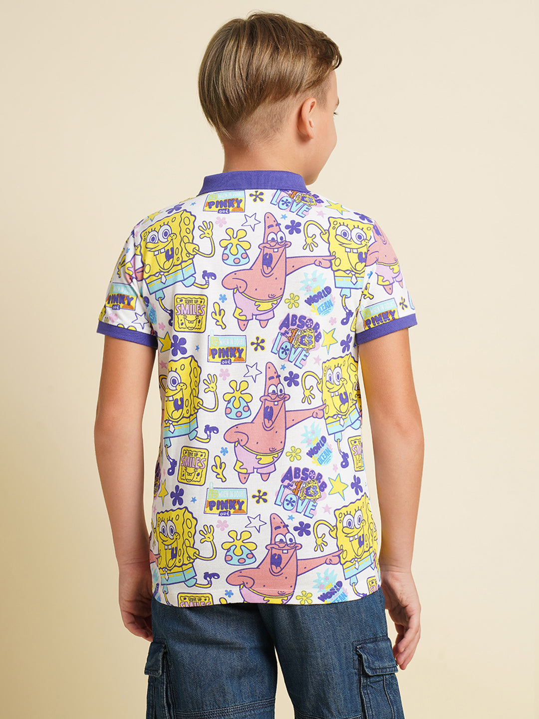 Boys Cotton Polo T-Shirt With All-Over Character Print - White