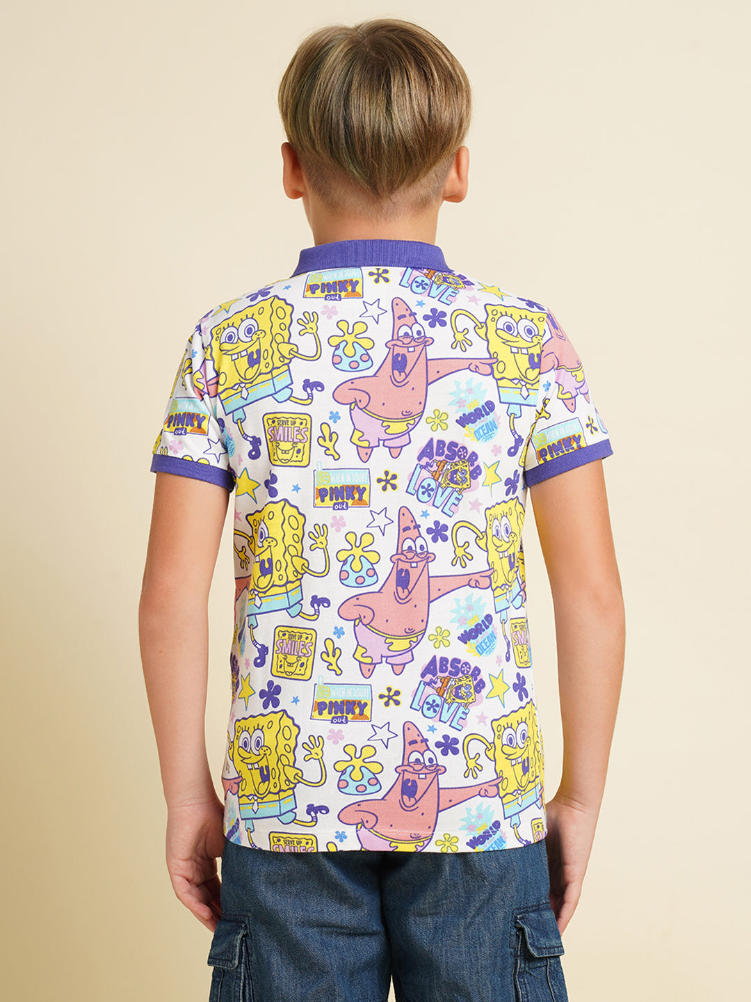 Boys Cotton Polo T-Shirt With All-Over Character Print - White