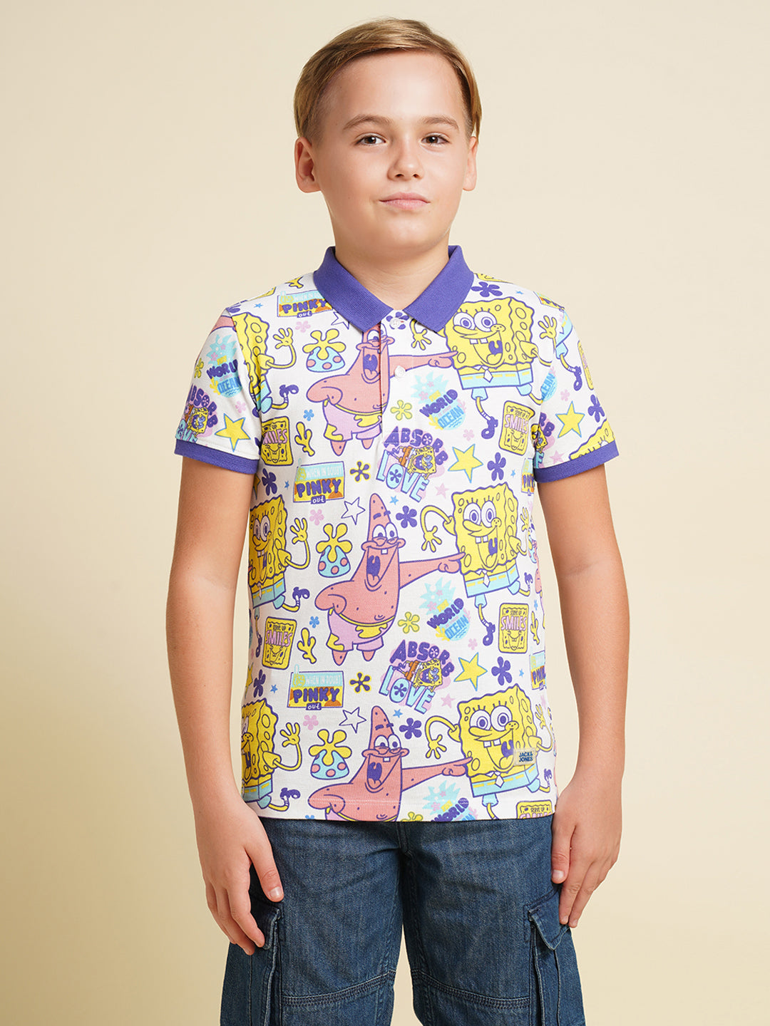 Boys Cotton Polo T-Shirt With All-Over Character Print - White