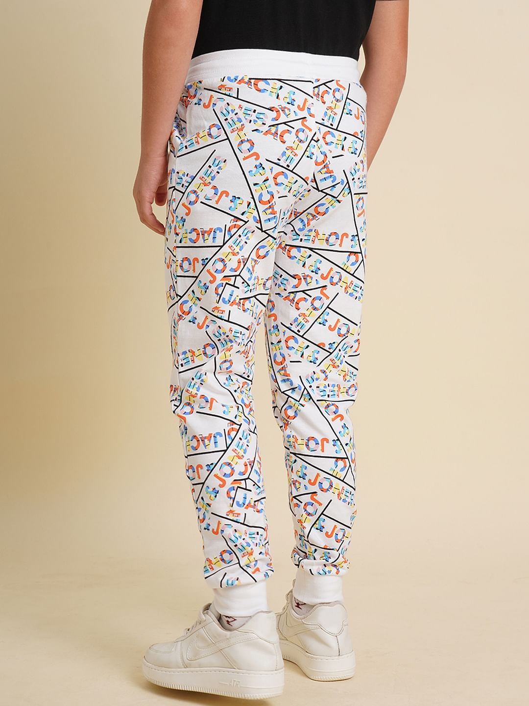 Boys White Printed Cotton Sweatpants