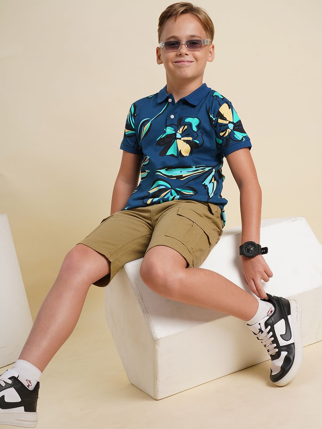 Boys Blue Printed Cotton Polo - 4/5Y