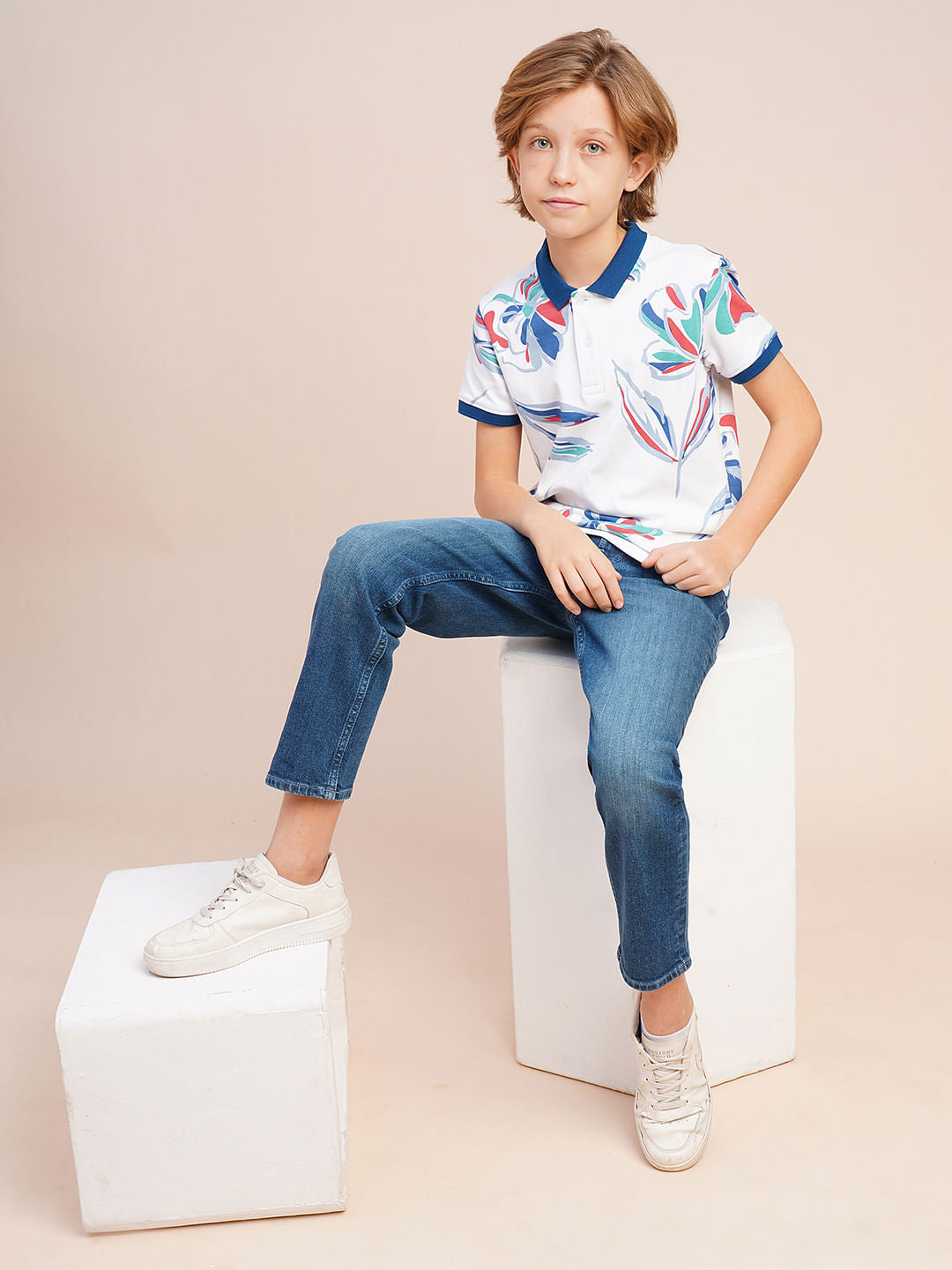 Boys White Printed Cotton Polo