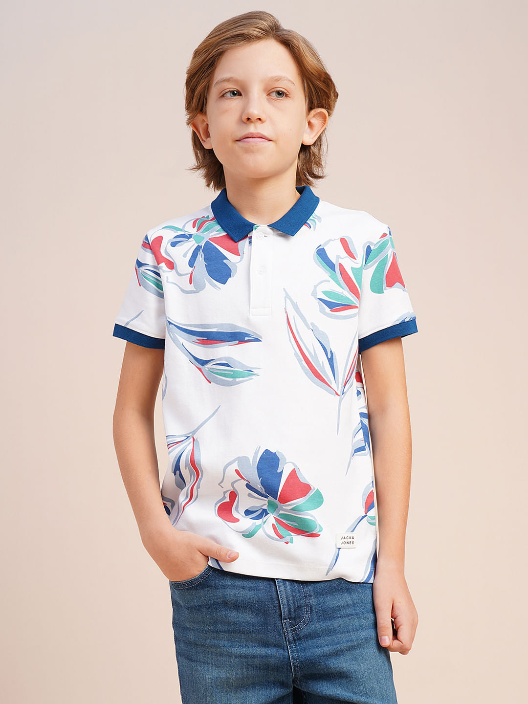 Boys White Printed Cotton Polo