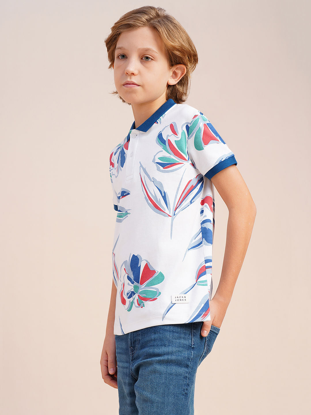 Boys White Printed Cotton Polo