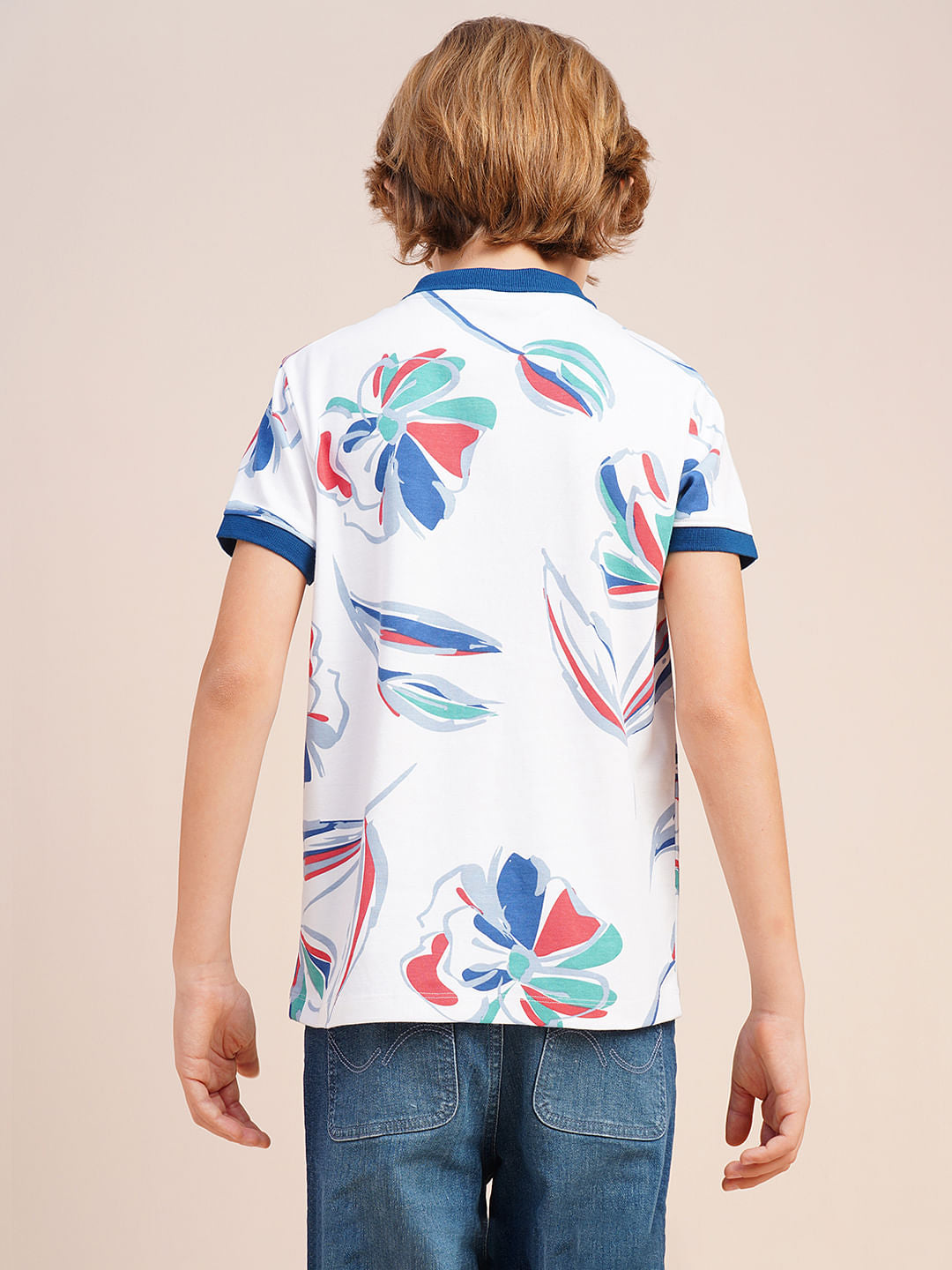 Boys White Printed Cotton Polo