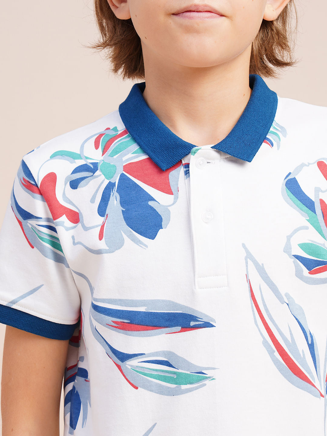 Boys White Printed Cotton Polo