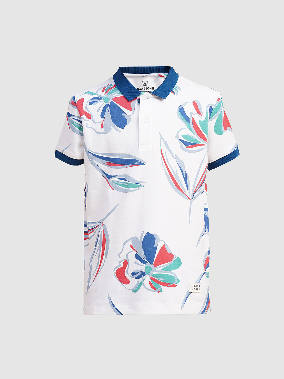 Boys White Printed Cotton Polo