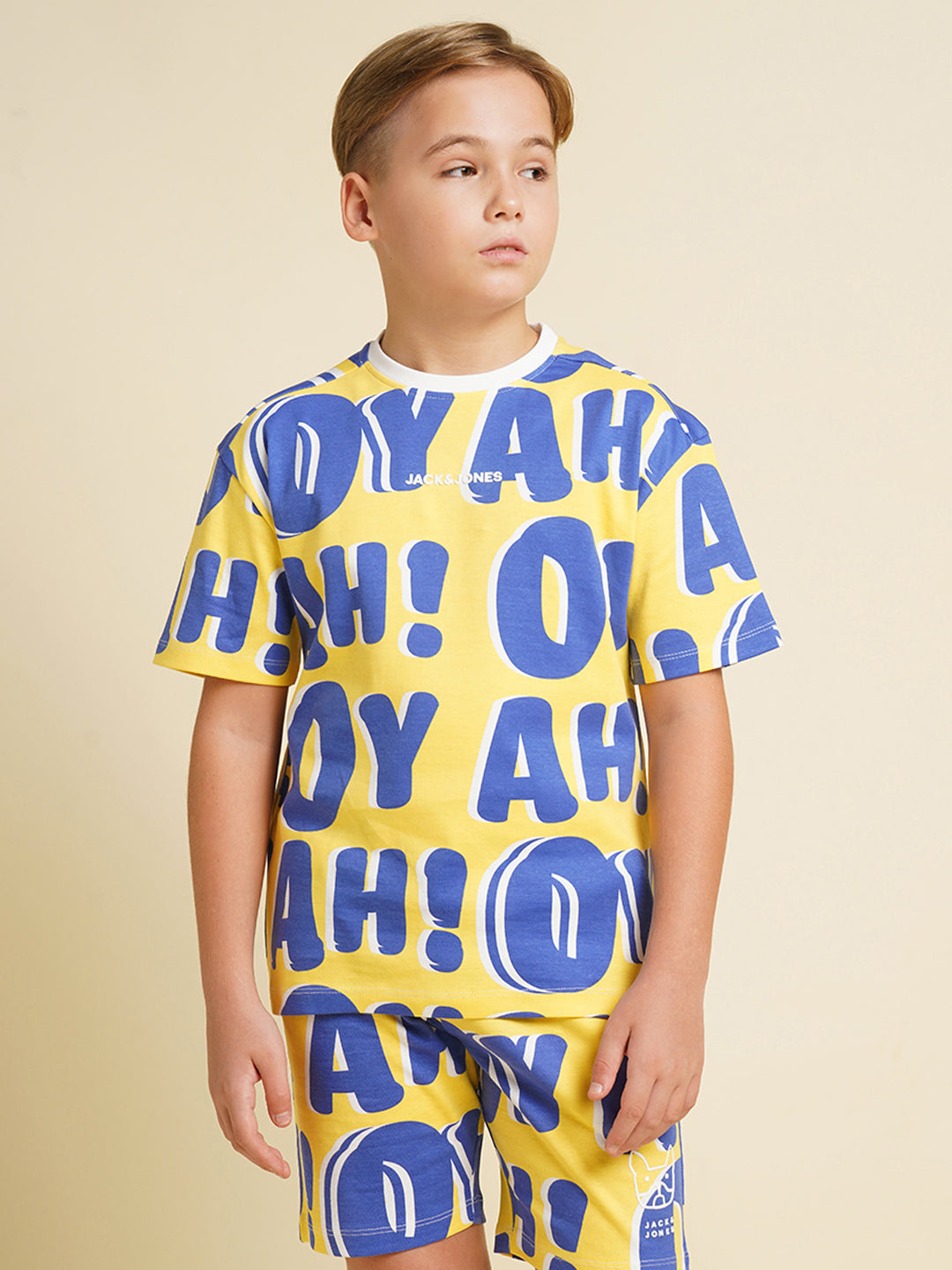 JACK&JONES JUNIOR Boys Yellow Typographic Print Co-ord Set T-shirt