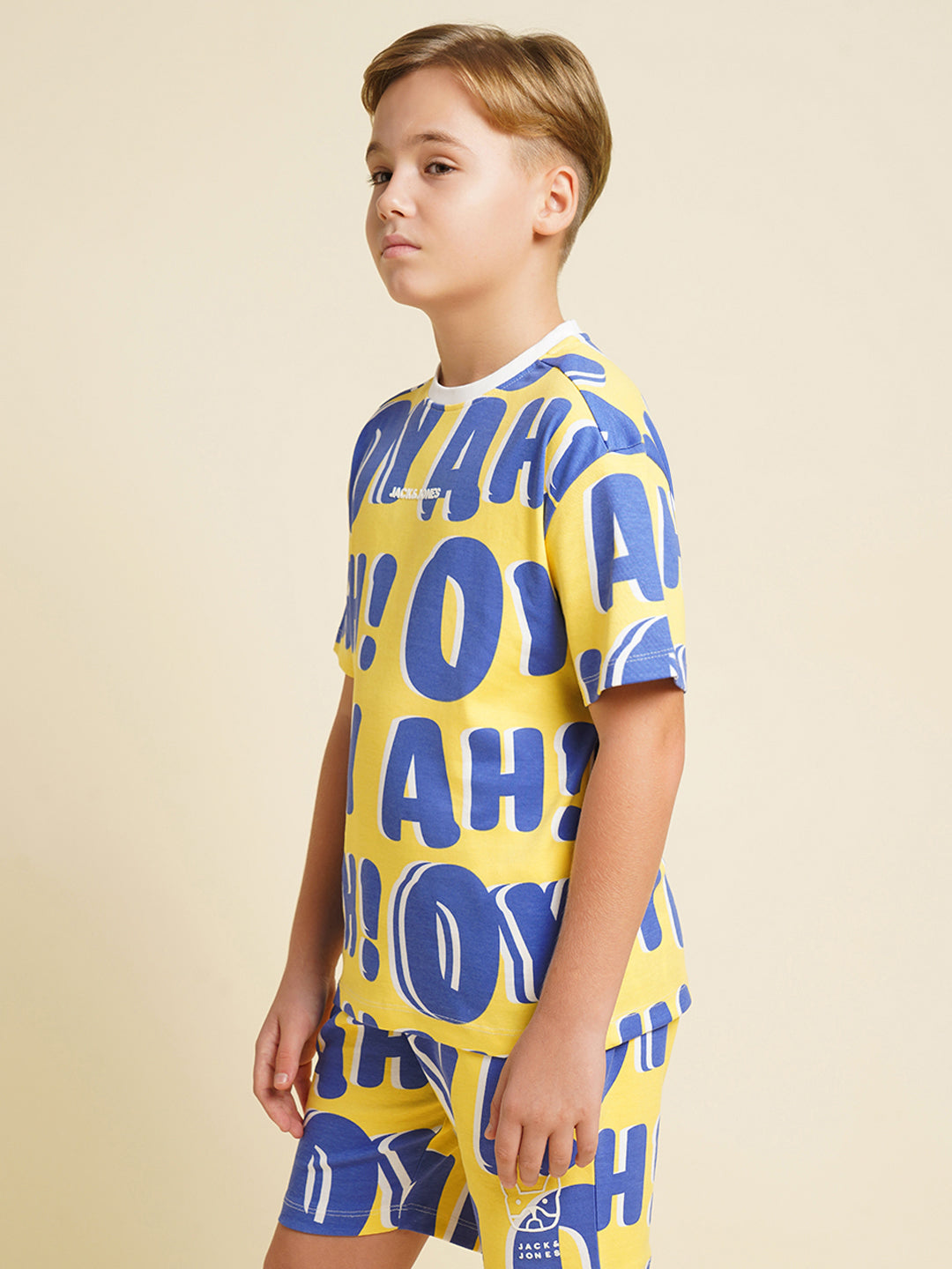 JACK&JONES JUNIOR Boys Yellow Typographic Print Co-ord Set T-shirt