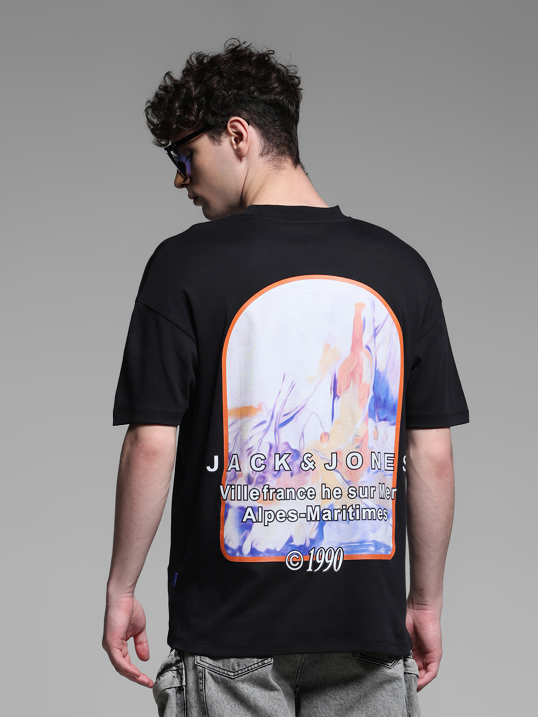 Men's Black Cotton Oversized Crew Neck Graphic T-Shirt - S
