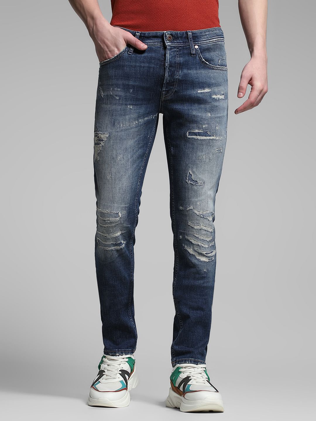 Blue Low Rise Distressed Glenn Slim Fit Jeans