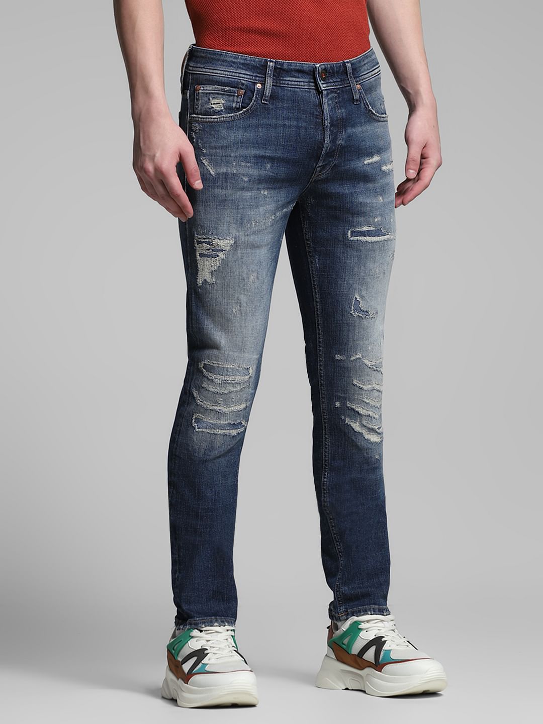 Blue Low Rise Distressed Glenn Slim Fit Jeans