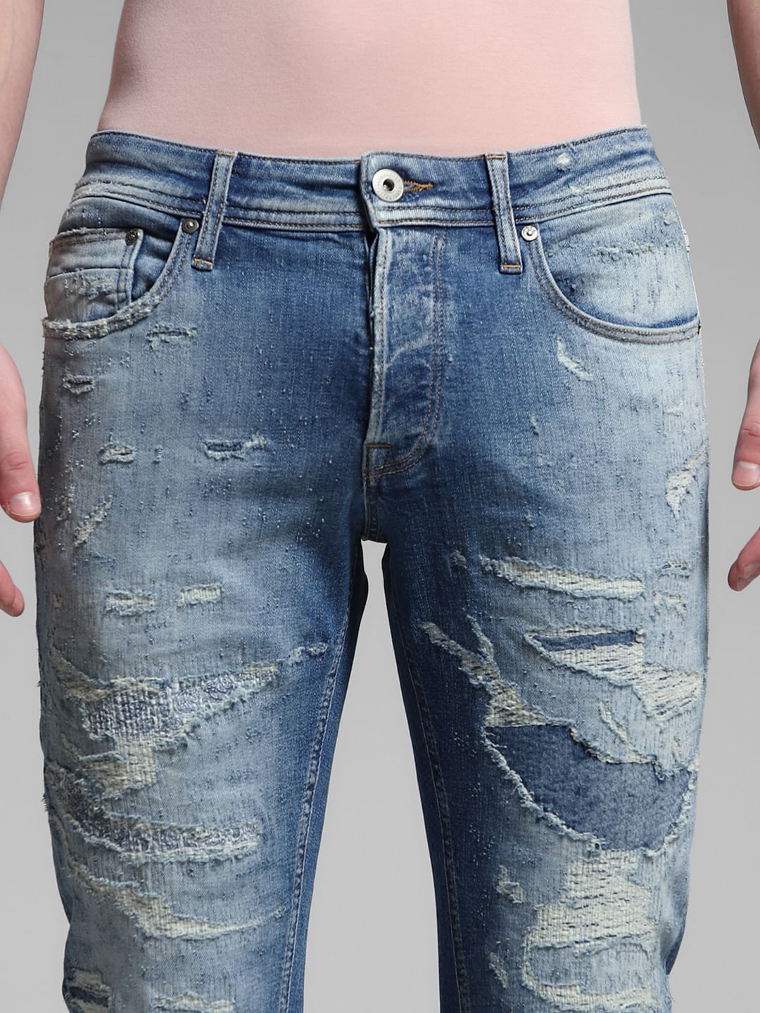 Blue Low Rise Distressed Glenn Slim Fit Jeans
