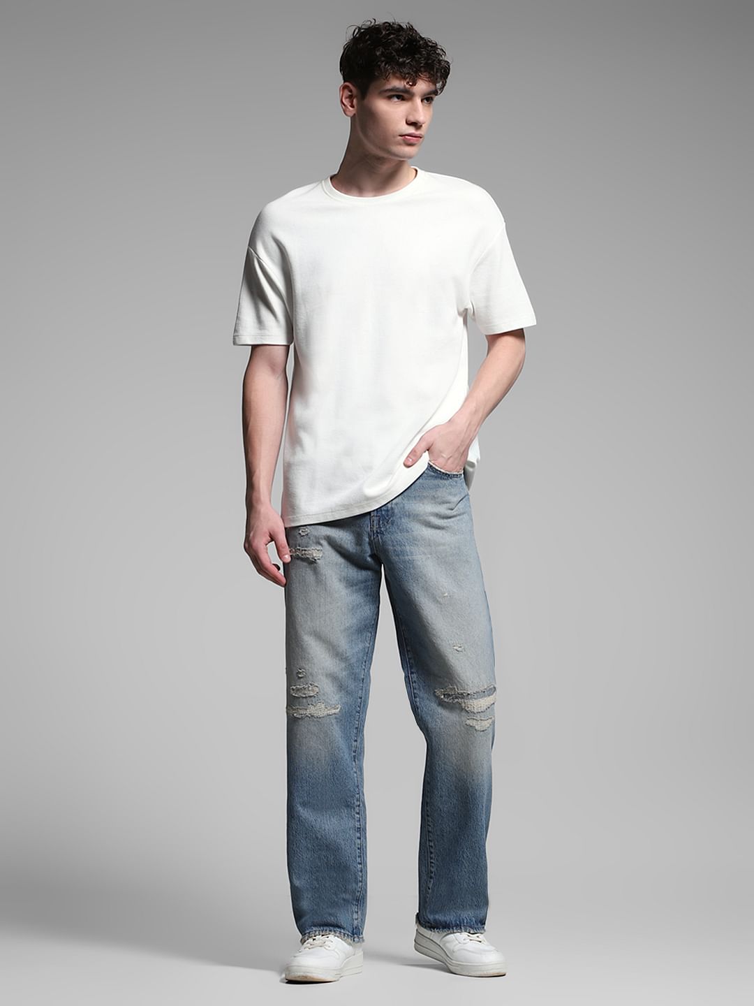 Light Blue High Rise Distressed Loose Fit Jeans