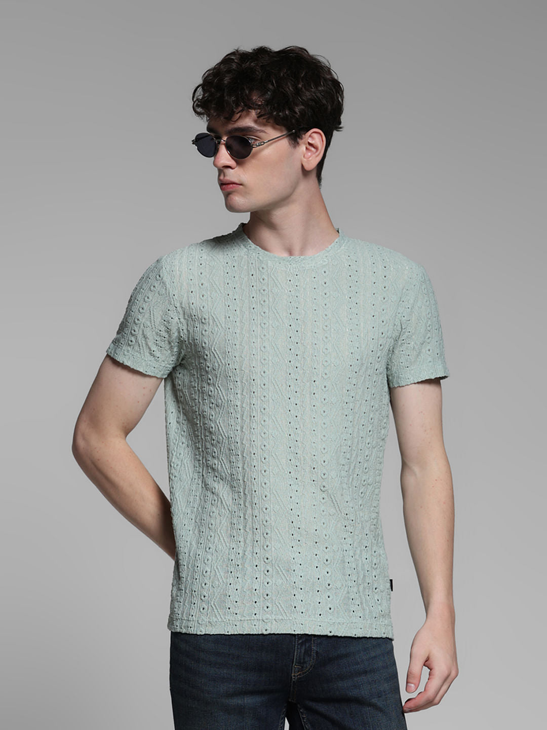 Green Jacquard Crew Neck T-shirt
