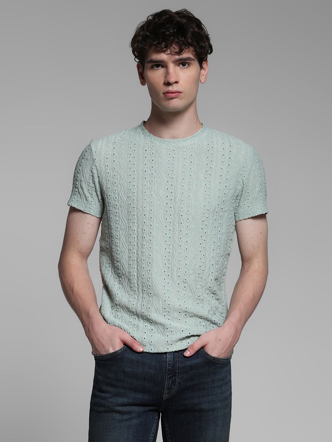 Green Jacquard Crew Neck T-shirt
