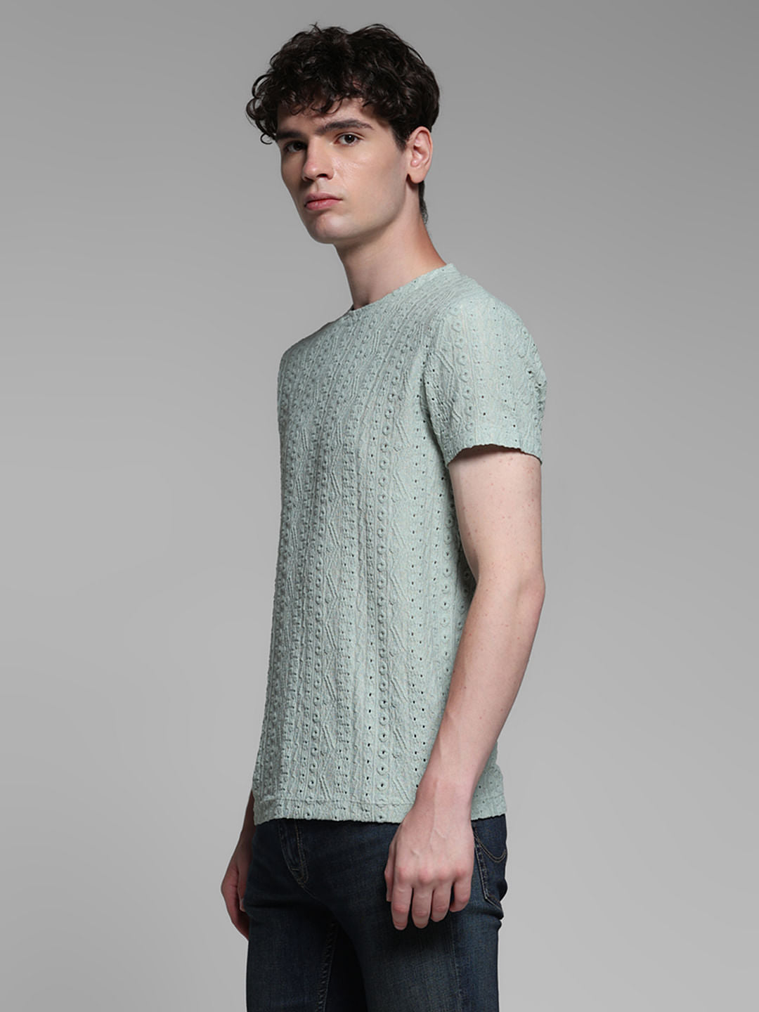 Green Jacquard Crew Neck T-shirt