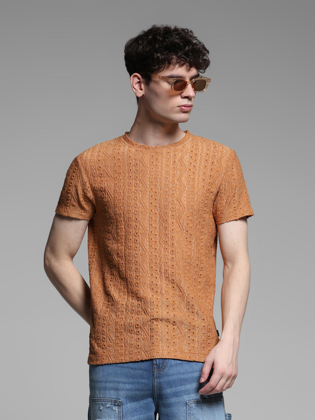 Men's Bronze Jacquard Textured Regular Fit Crew Neck T-Shirt - M