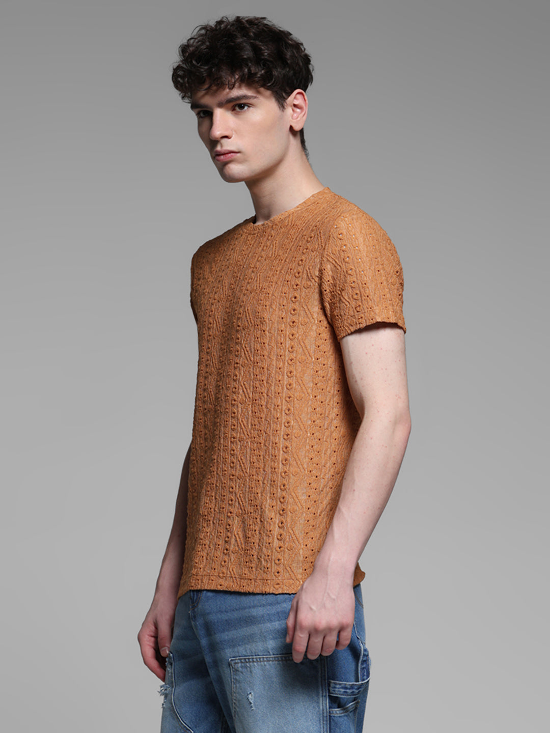 Men's Bronze Jacquard Textured Regular Fit Crew Neck T-Shirt