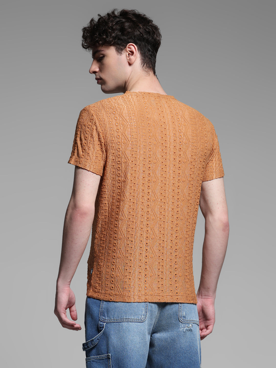 Men's Bronze Jacquard Textured Regular Fit Crew Neck T-Shirt