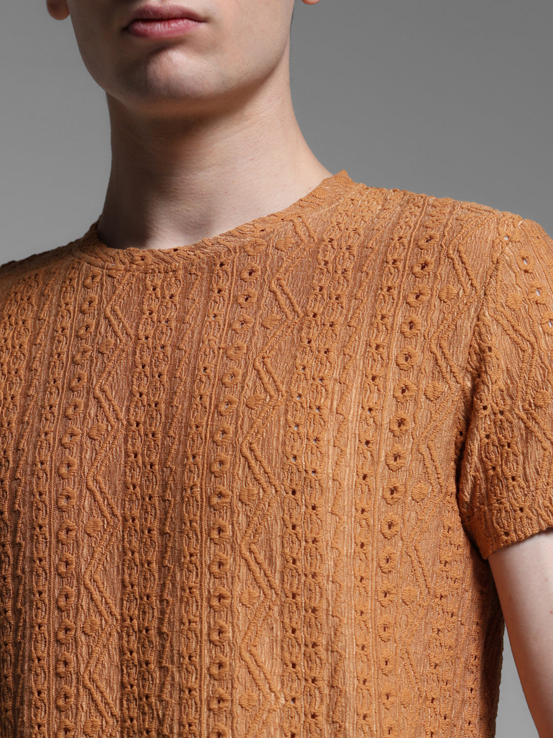 Men's Bronze Jacquard Textured Regular Fit Crew Neck T-Shirt