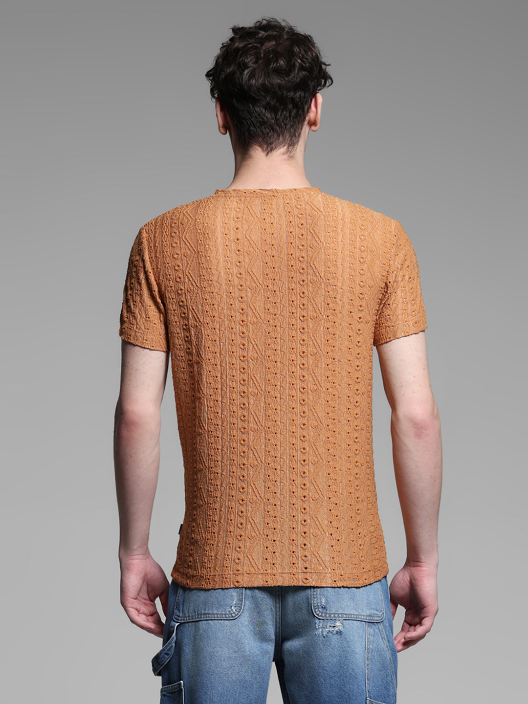 Men's Bronze Jacquard Textured Regular Fit Crew Neck T-Shirt