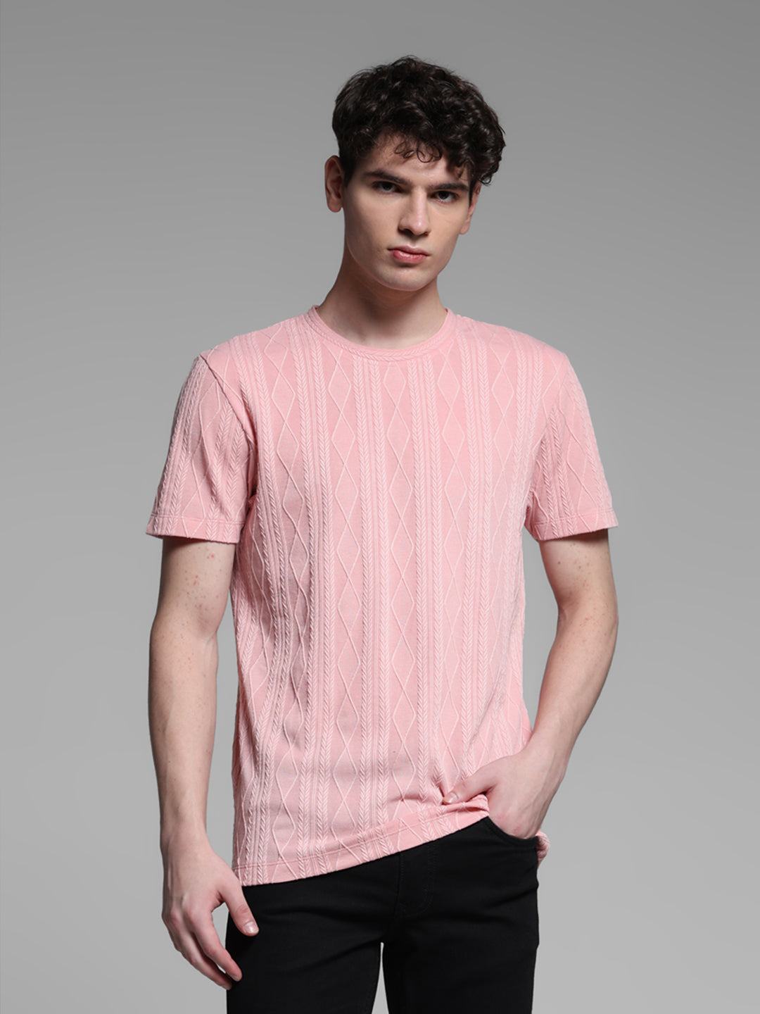 Men's Pink Jacquard Textured Slim Fit Crew Neck T-Shirt