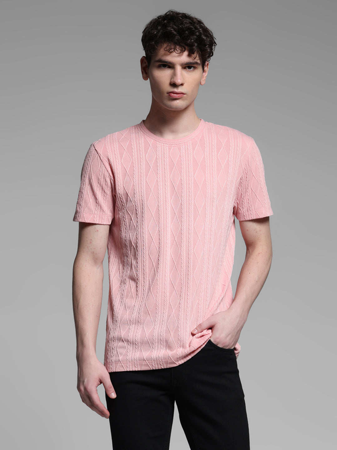 Men's Pink Jacquard Textured Slim Fit Crew Neck T-Shirt