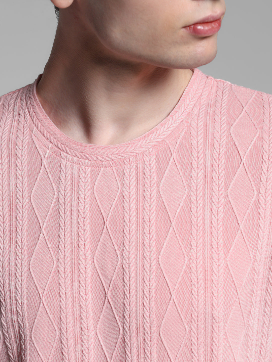 Men's Pink Jacquard Textured Slim Fit Crew Neck T-Shirt